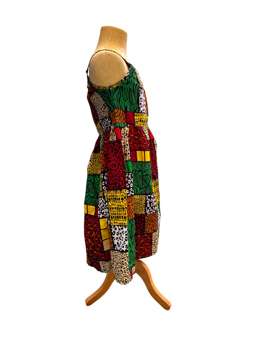 Girls African Safari Patchwork Dress – Handmade Ankara Animal Print Dress