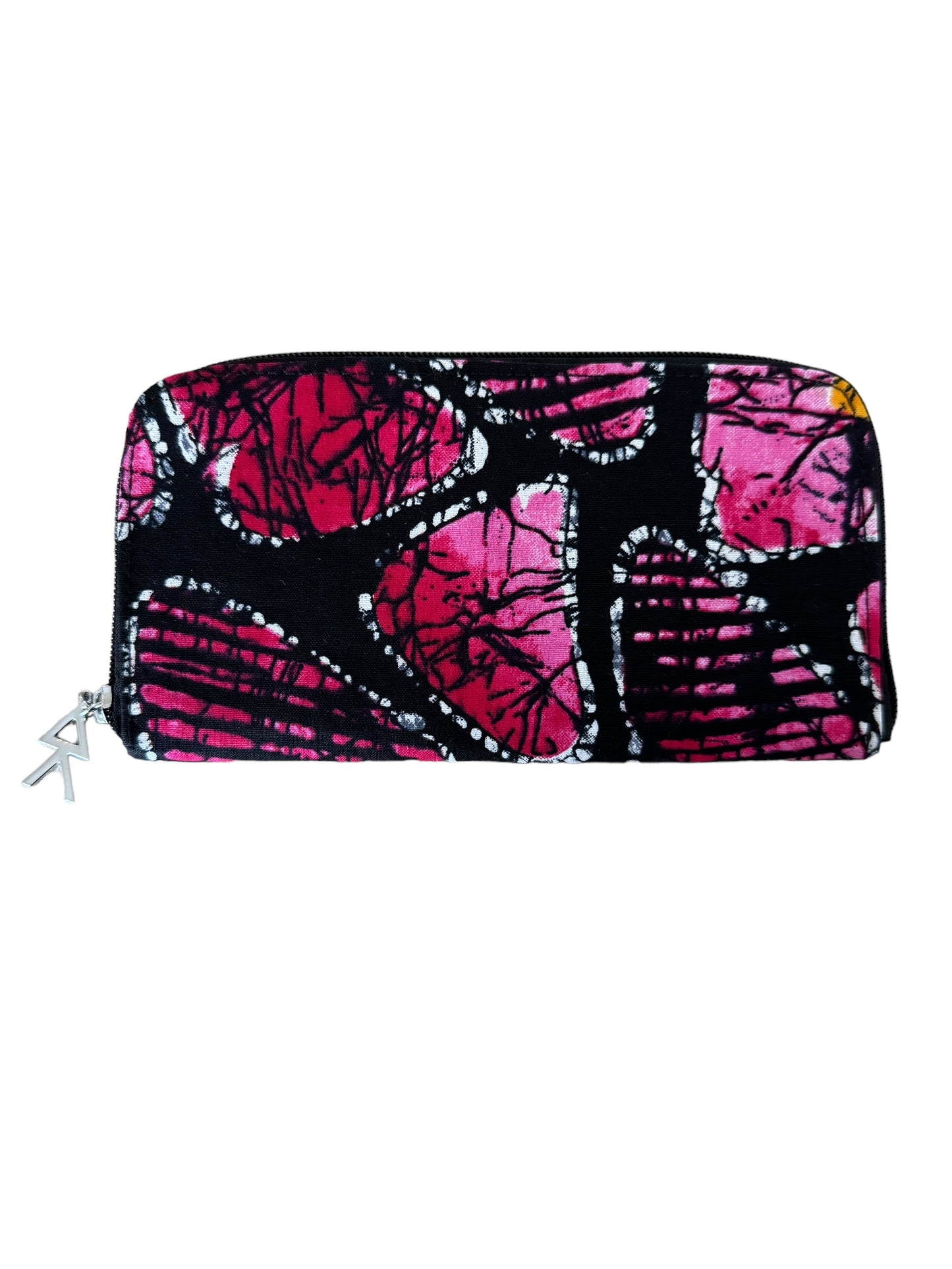 Mowo wallet, with zipper and african print details on the inside of the wallet.