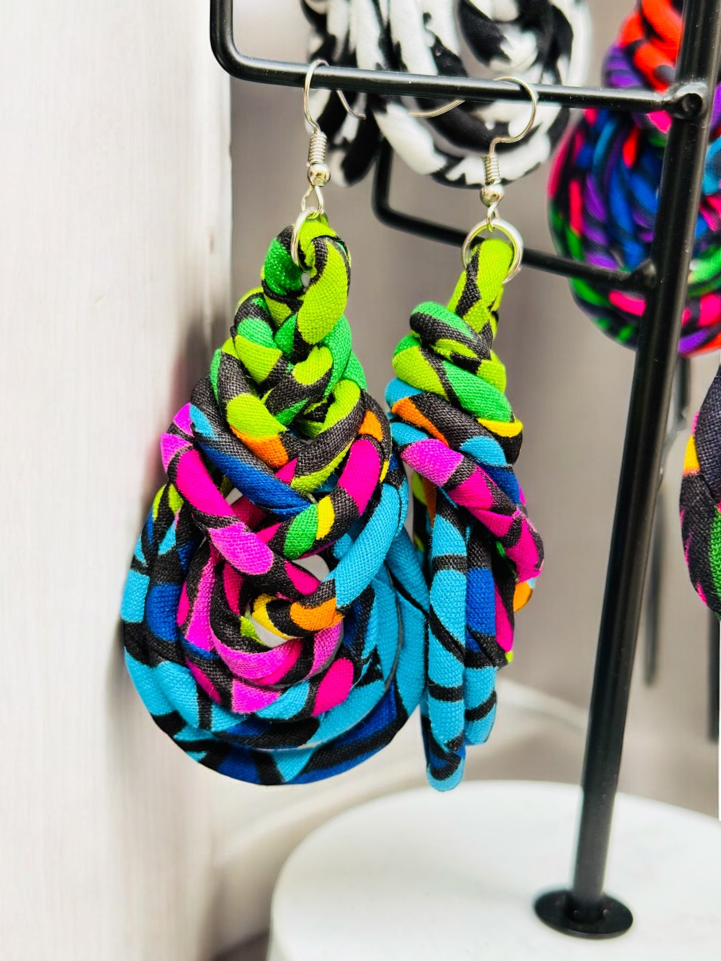 Teardrop blue pink & green earrings