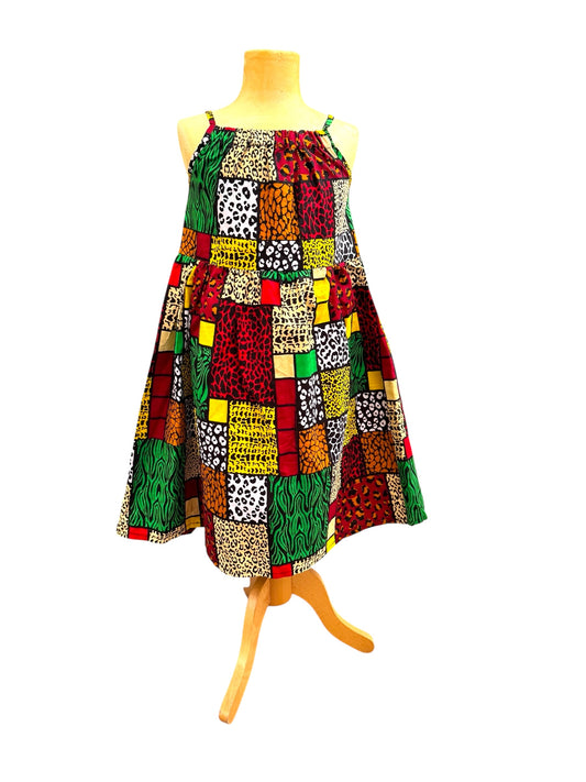 Girls African Safari Patchwork Dress – Handmade Ankara Animal Print Dress
